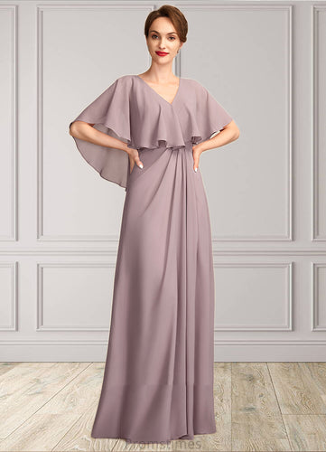 Violet A-Line V-neck Floor-Length Chiffon Mother of the Bride Dress With Ruffle XXB126P0015026