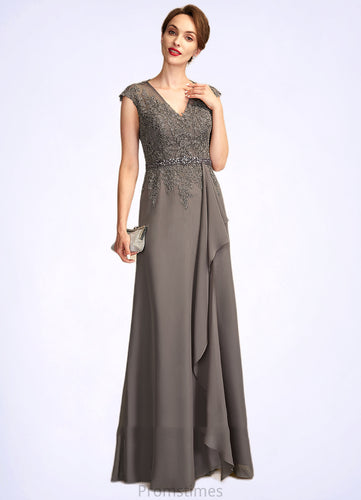 Hazel A-Line V-neck Floor-Length Chiffon Lace Mother of the Bride Dress With Beading Sequins Cascading Ruffles XXB126P0015030