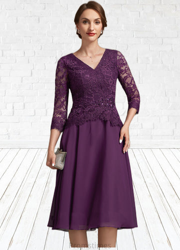 Aurora A-Line V-neck Knee-Length Chiffon Lace Mother of the Bride Dress With Beading Sequins XXB126P0015035
