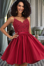 Load image into Gallery viewer, Myah A-line V-Neck Short/Mini Lace Satin Homecoming Dress With Beading XXBP0020554