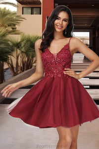 Adeline A-line V-Neck Short/Mini Lace Tulle Homecoming Dress With Sequins XXBP0020498