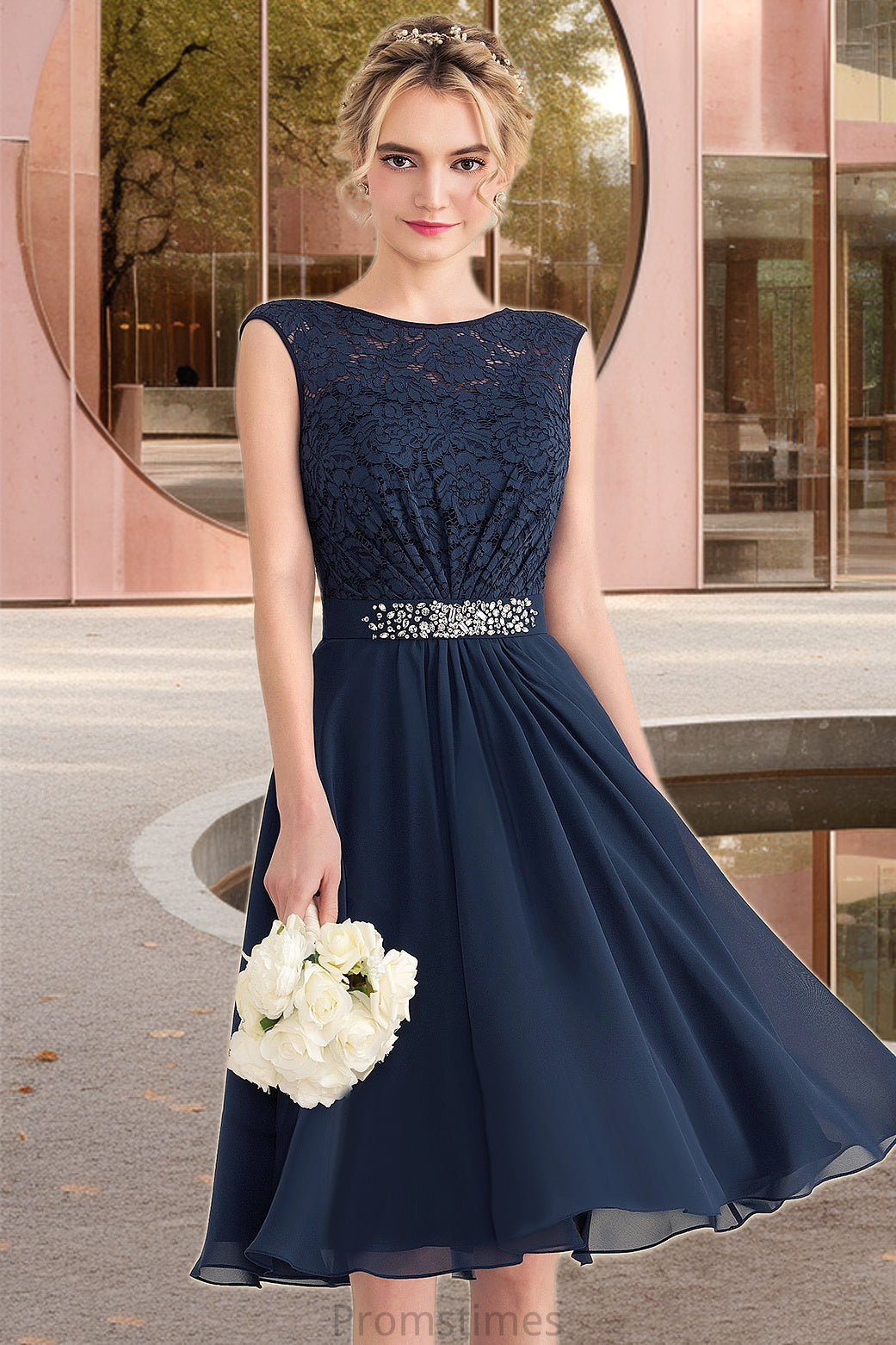Adalyn A-line Scoop Knee-Length Chiffon Lace Homecoming Dress With Beading Bow XXBP0020588