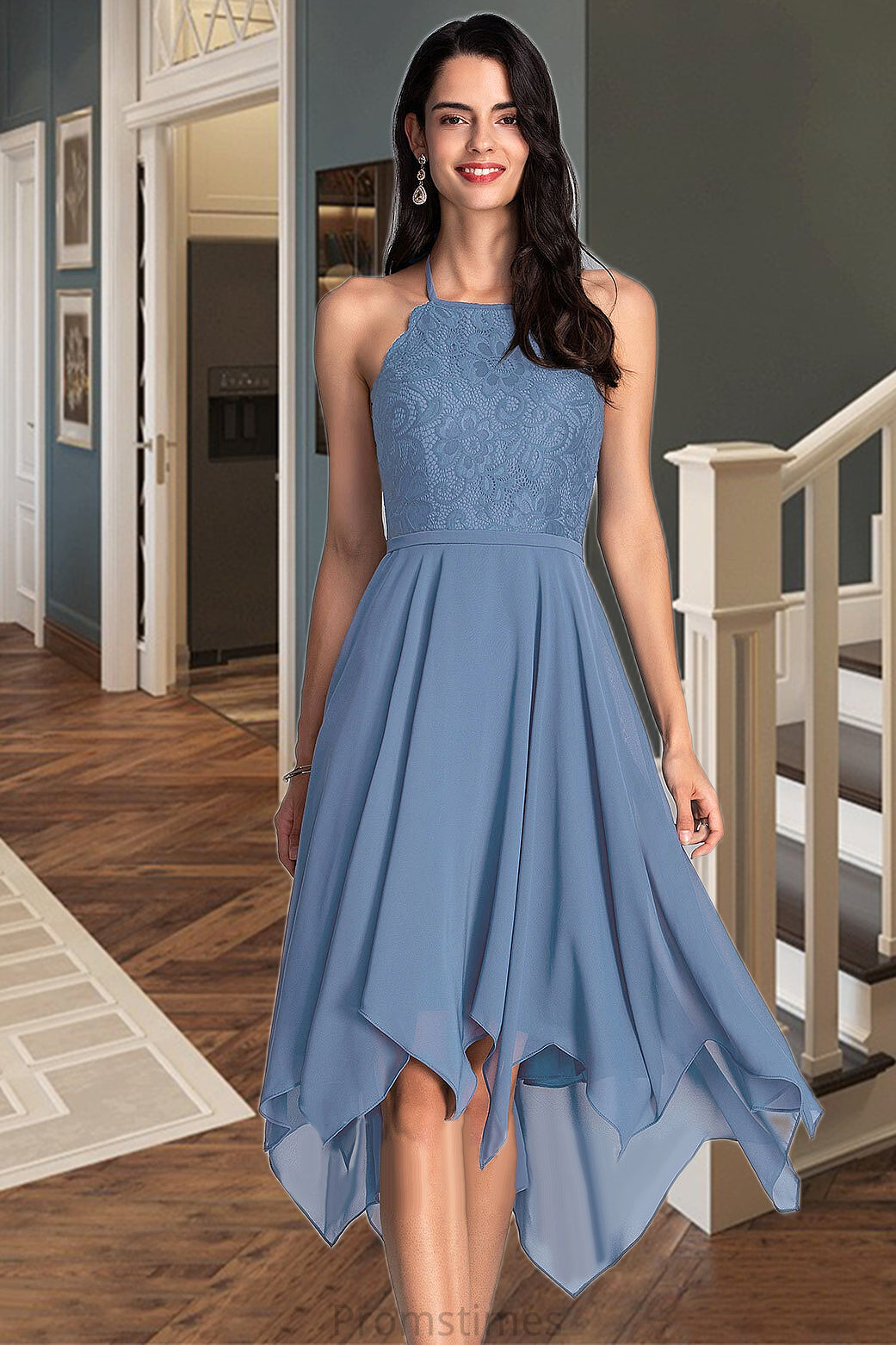 Brooklyn A-line Halter Asymmetrical Chiffon Lace Homecoming Dress XXBP0020561