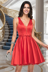 Beryl A-line V-Neck Short/Mini Satin Homecoming Dress With Bow XXBP0020583
