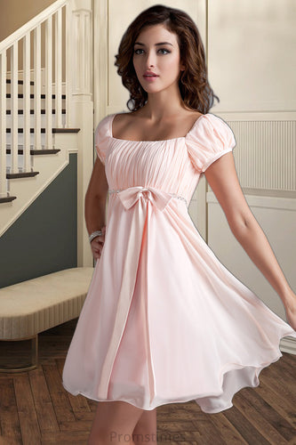 Karen A-line Square Short/Mini Chiffon Satin Homecoming Dress With Beading Bow Ruffle XXBP0020597