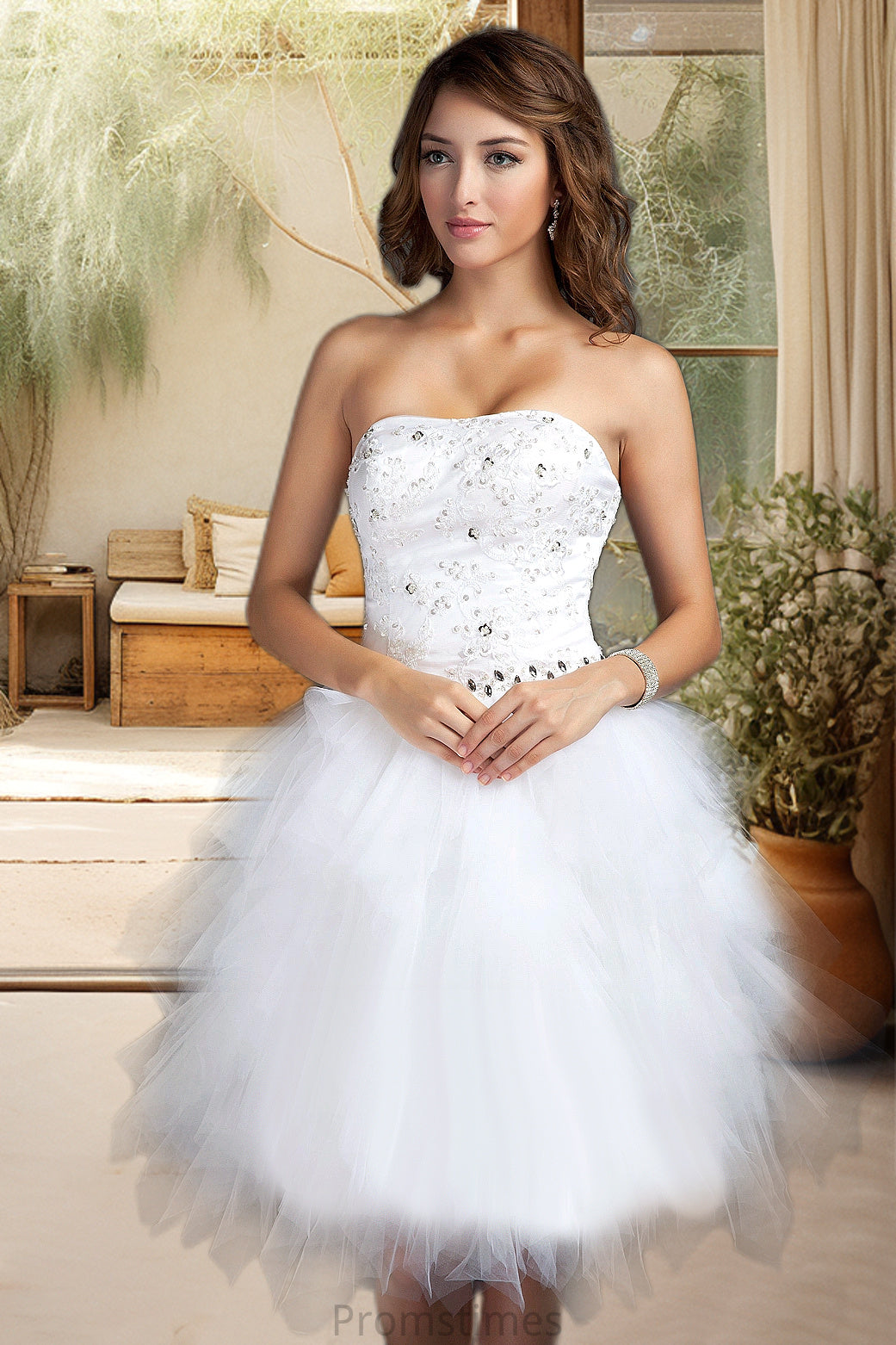 Willow A-line Sweetheart Knee-Length Satin Tulle Homecoming Dress With Beading Cascading Ruffles Appliques Lace Sequins XXBP0020598