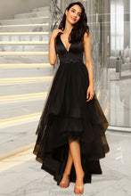 Load image into Gallery viewer, Heather A-line V-Neck Asymmetrical Satin Tulle Homecoming Dress With Beading XXBP0020533