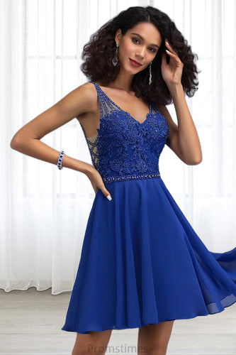 Maya A-line V-Neck Short/Mini Chiffon Lace Homecoming Dress With Beading XXBP0020563