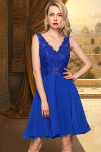 Joslyn A-line V-Neck Knee-Length Chiffon Lace Homecoming Dress XXBP0020589