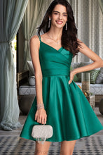 Load image into Gallery viewer, Maya A-line V-Neck Short/Mini Satin Homecoming Dress With Ruffle XXBP0020539