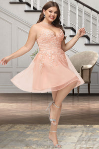 Esme A-line V-Neck Short/Mini Lace Tulle Homecoming Dress With Sequins XXBP0020500