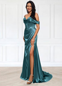 Larissa Trumpet/Mermaid V-Neck Sweep Train Stretch Satin Prom Dresses With Beading Rhinestone Sequins XXBP0022213