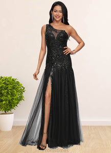 Beryl Trumpet/Mermaid One Shoulder Illusion Floor-Length Lace Tulle Prom Dresses With Sequins XXBP0022217