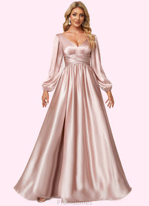 Amanda A-line V-Neck Floor-Length Stretch Satin Bridesmaid Dress XXBP0022597