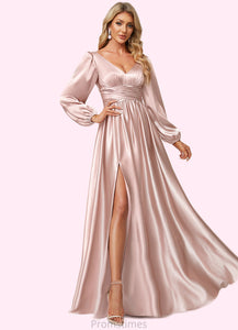 Amanda A-line V-Neck Floor-Length Stretch Satin Bridesmaid Dress XXBP0022597