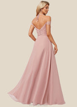 Load image into Gallery viewer, Marcie A-line Cold Shoulder Halter Floor-Length Chiffon Lace Bridesmaid Dress XXBP0022601