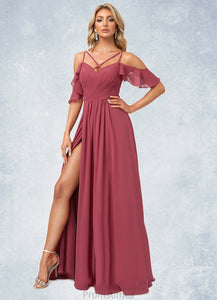 Violet A-line Cold Shoulder Floor-Length Chiffon Bridesmaid Dress With Ruffle XXBP0022605