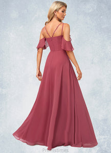 Violet A-line Cold Shoulder Floor-Length Chiffon Bridesmaid Dress With Ruffle XXBP0022605