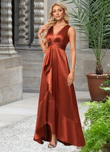 Load image into Gallery viewer, Irene A-line V-Neck Asymmetrical Stretch Satin Bridesmaid Dress With Ruffle XXBP0022606