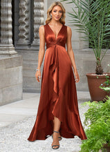 Load image into Gallery viewer, Irene A-line V-Neck Asymmetrical Stretch Satin Bridesmaid Dress With Ruffle XXBP0022606