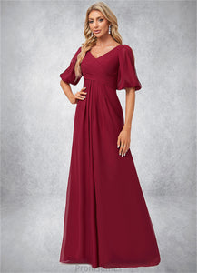 Helga A-line V-Neck Floor-Length Chiffon Bridesmaid Dress XXBP0022608
