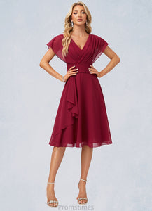Milagros A-line V-Neck Knee-Length Chiffon Bridesmaid Dress With Ruffle XXBP0022609