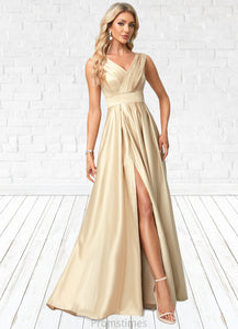 Paloma A-line V-Neck Floor-Length Satin Bridesmaid Dress XXBP0022612
