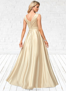 Paloma A-line V-Neck Floor-Length Satin Bridesmaid Dress XXBP0022612