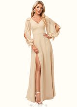 Load image into Gallery viewer, Maribel A-line V-Neck Floor-Length Chiffon Bridesmaid Dress With Bow XXBP0022613