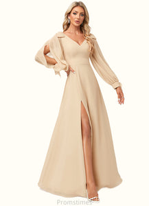 Maribel A-line V-Neck Floor-Length Chiffon Bridesmaid Dress With Bow XXBP0022613
