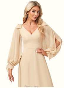 Maribel A-line V-Neck Floor-Length Chiffon Bridesmaid Dress With Bow XXBP0022613