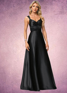 Taliyah A-line V-Neck Floor-Length Stretch Satin Bridesmaid Dress With Bow XXBP0022615