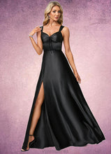 Load image into Gallery viewer, Taliyah A-line V-Neck Floor-Length Stretch Satin Bridesmaid Dress With Bow XXBP0022615