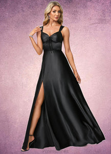 Taliyah A-line V-Neck Floor-Length Stretch Satin Bridesmaid Dress With Bow XXBP0022615