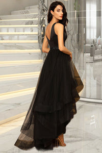 Heather A-line V-Neck Asymmetrical Satin Tulle Homecoming Dress With Beading XXBP0020533