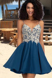 Isabell A-line V-Neck Short/Mini Chiffon Lace Homecoming Dress With Beading XXBP0020572