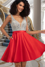 Load image into Gallery viewer, Katelynn A-line V-Neck Short/Mini Satin Homecoming Dress With Beading Sequins XXBP0020569