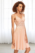 Load image into Gallery viewer, Mya A-line V-Neck Knee-Length Chiffon Lace Homecoming Dress XXBP0020527