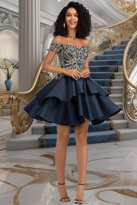 Arianna A-line Off the Shoulder Short/Mini Satin Homecoming Dress XXBP0020562