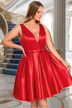 Load image into Gallery viewer, Beryl A-line V-Neck Short/Mini Satin Homecoming Dress With Bow XXBP0020583