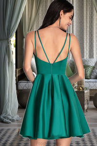 Maya A-line V-Neck Short/Mini Satin Homecoming Dress With Ruffle XXBP0020539