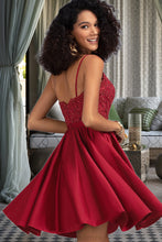 Load image into Gallery viewer, Myah A-line V-Neck Short/Mini Lace Satin Homecoming Dress With Beading XXBP0020554