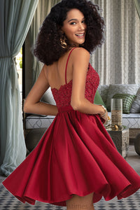 Myah A-line V-Neck Short/Mini Lace Satin Homecoming Dress With Beading XXBP0020554