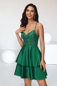 Heidy A-line V-Neck Short/Mini Lace Satin Homecoming Dress With Sequins XXBP0020499