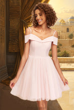Load image into Gallery viewer, Helen A-line Off the Shoulder V-Neck Short/Mini Tulle Stretch Crepe Homecoming Dress XXBP0020526