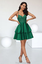 Load image into Gallery viewer, Heidy A-line V-Neck Short/Mini Lace Satin Homecoming Dress With Sequins XXBP0020499