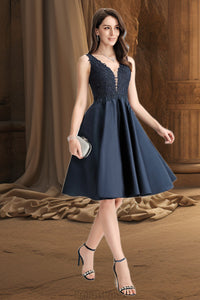 Hope A-line V-Neck Knee-Length Lace Satin Homecoming Dress With Beading XXBP0020517