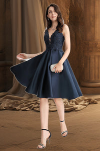 Hope A-line V-Neck Knee-Length Lace Satin Homecoming Dress With Beading XXBP0020517