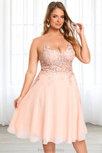 Load image into Gallery viewer, Mya A-line V-Neck Knee-Length Chiffon Lace Homecoming Dress XXBP0020527