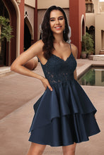 Load image into Gallery viewer, Celeste A-line V-Neck Short/Mini Lace Satin Homecoming Dress XXBP0020504